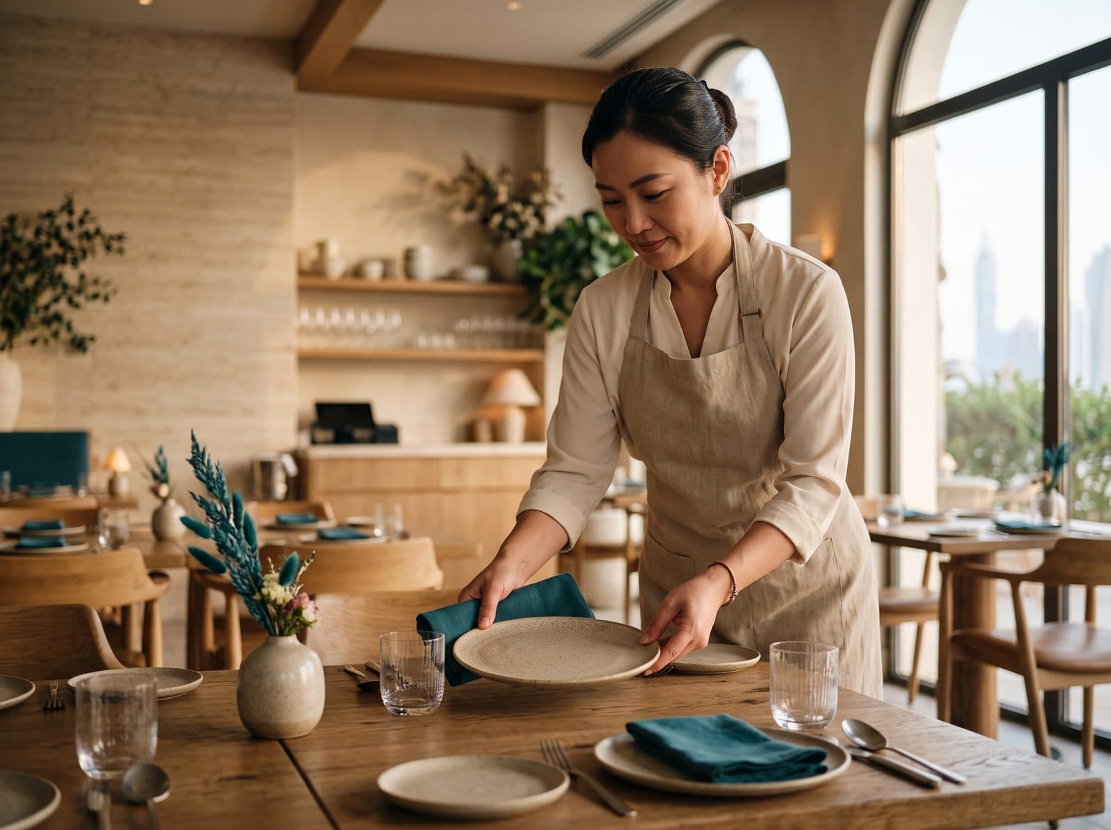 A server setting plates and napkins that match a restaurant's palette