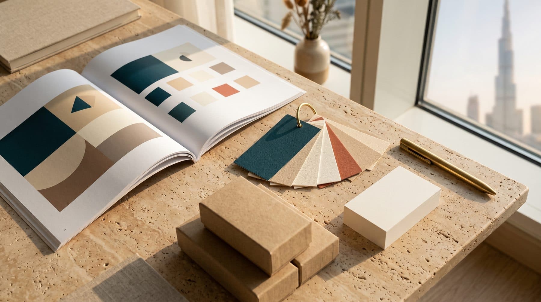 A brand guideline book, colour swatches and blank packaging on a studio table