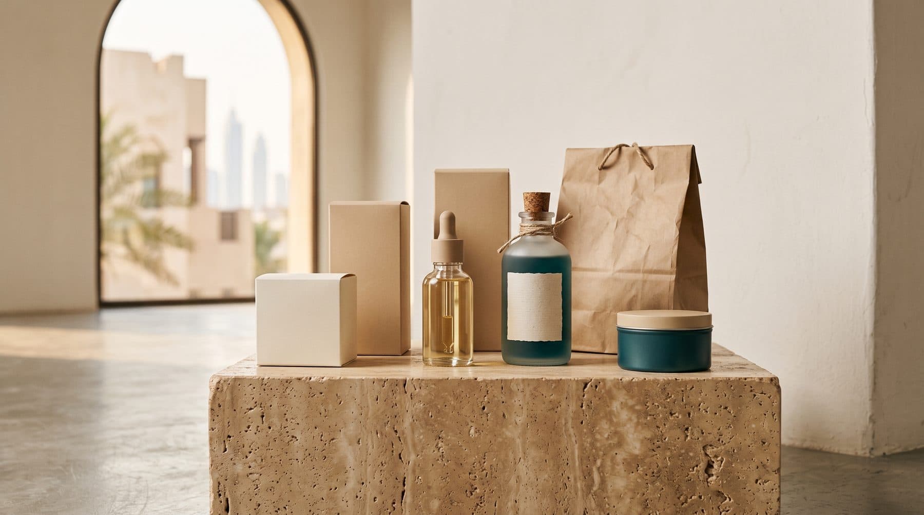 A coordinated range of unbranded packaging on a travertine plinth