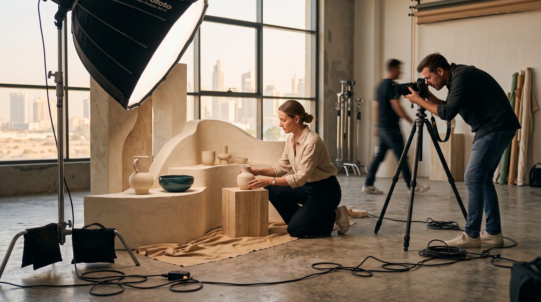 A stylist adjusting a product on a plaster set while a photographer shoots