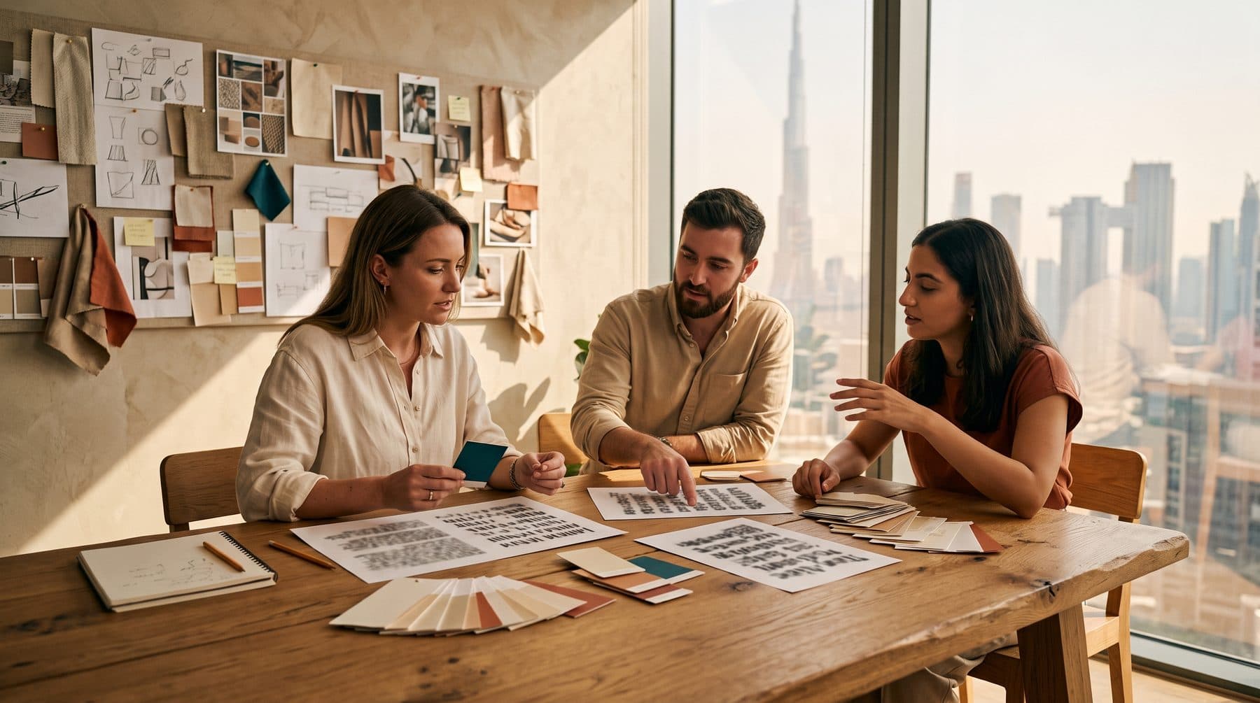 A small team reviewing moodboards and type specimens at a studio table