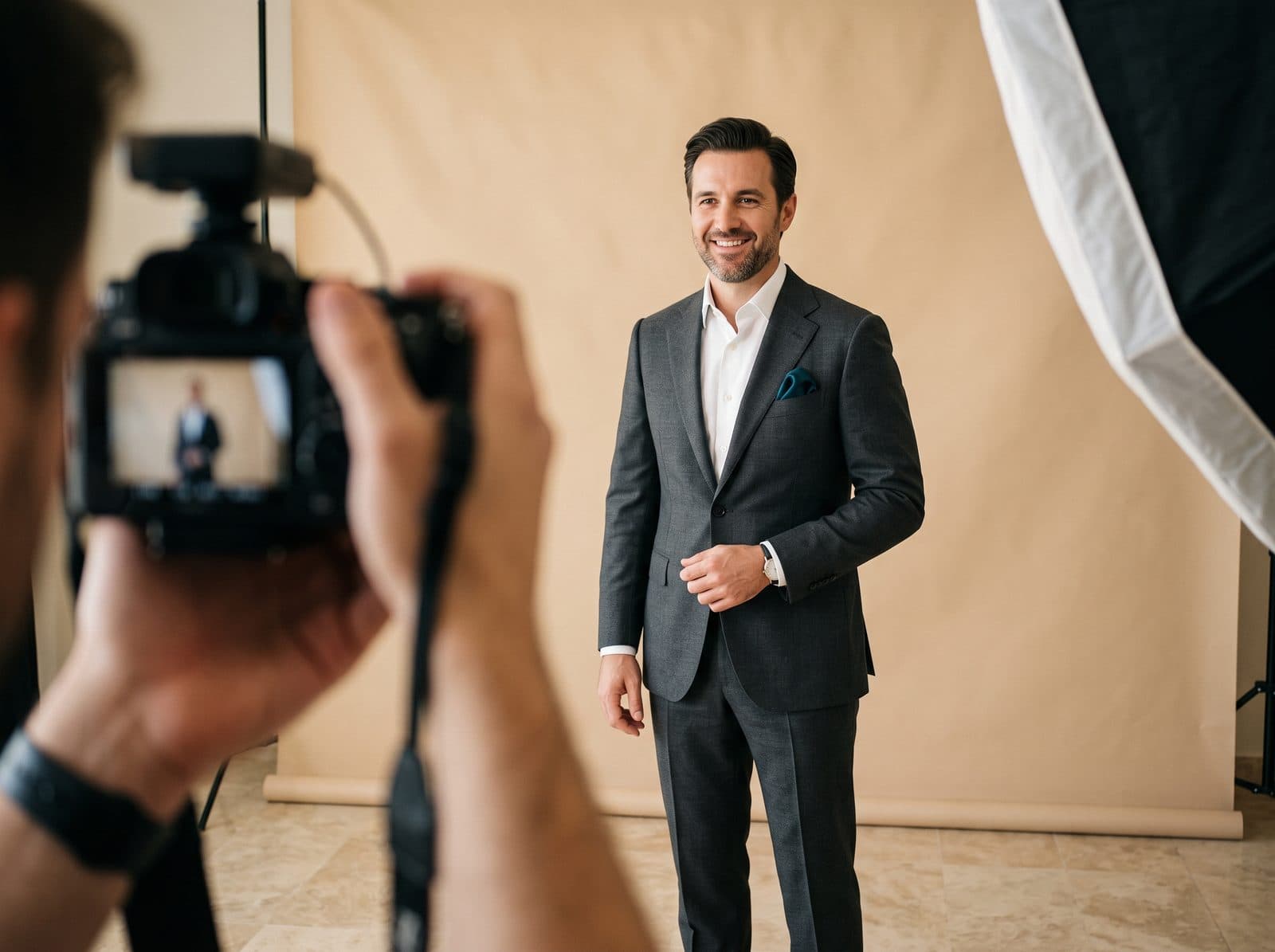 An executive being photographed against a sand backdrop