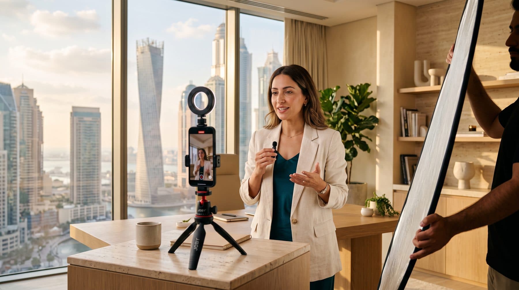A founder speaking to a phone on a tripod while a crew member holds a reflector