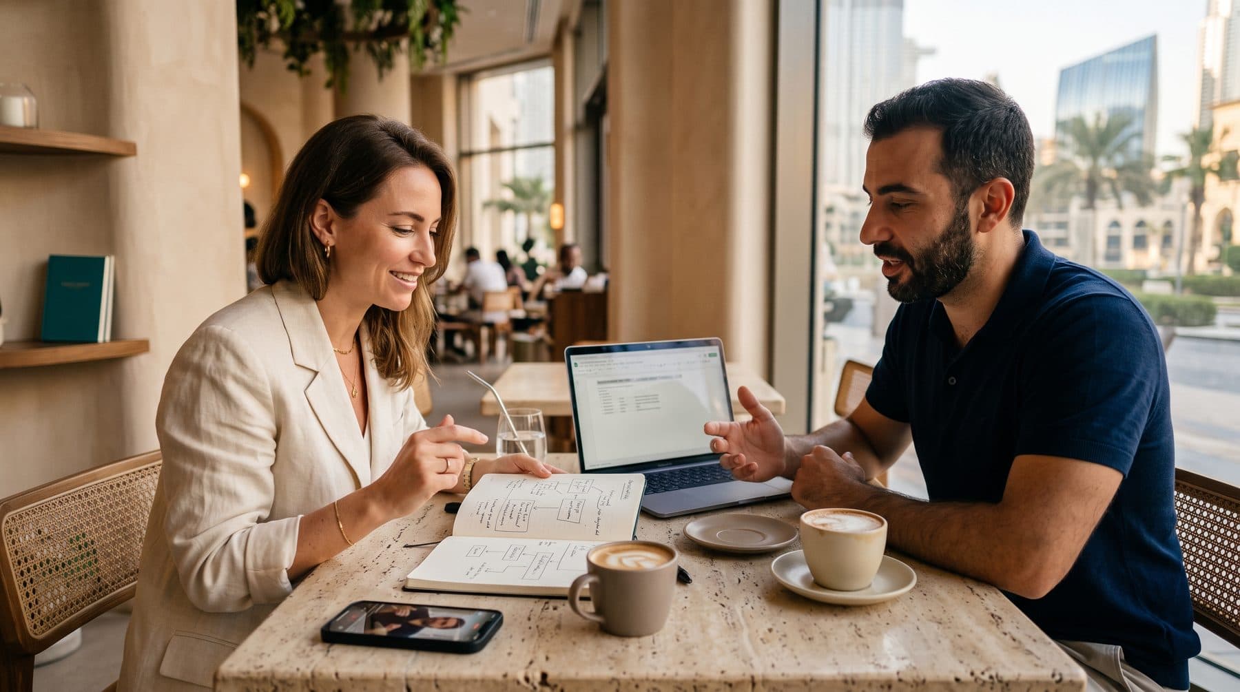 A founder and a strategist planning content at a cafe table