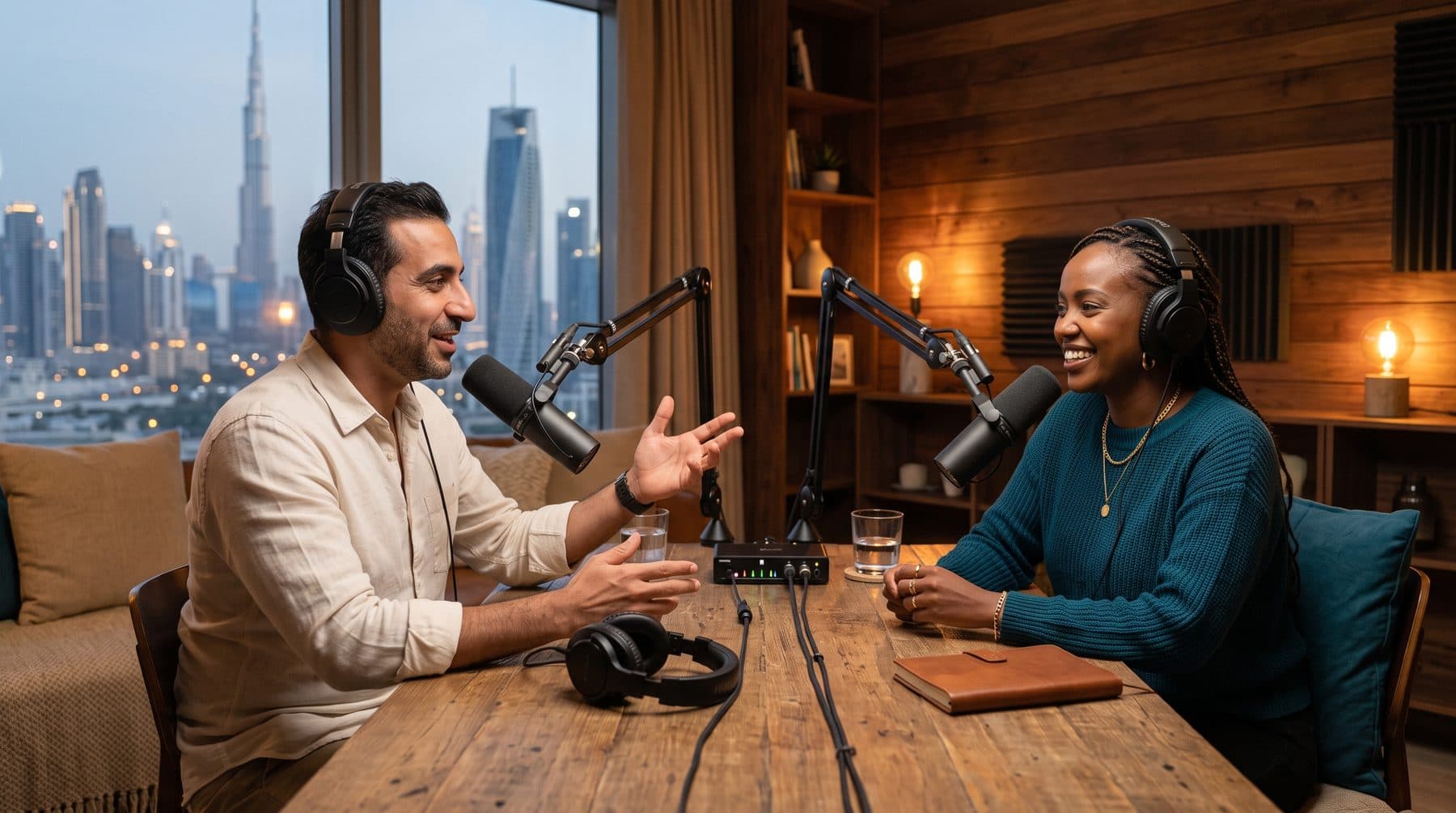 Two people recording a podcast in a warm studio