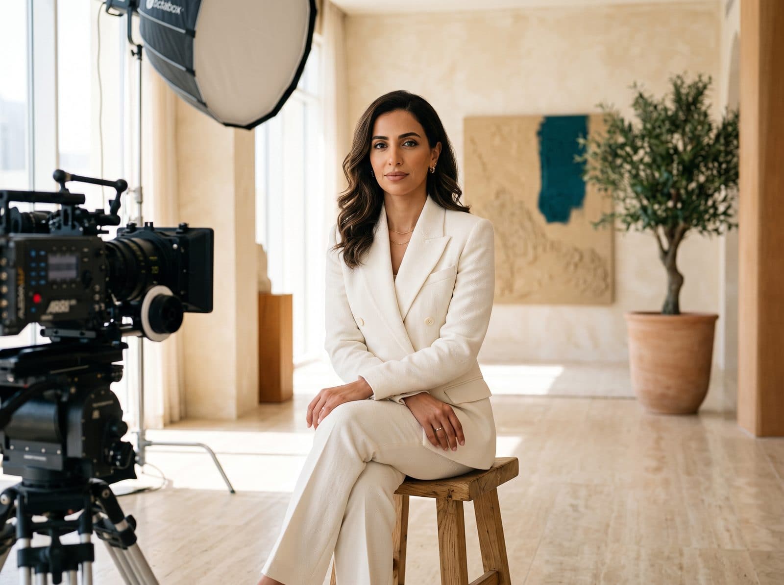 A founder in an ivory suit photographed in a bright studio with a cinema camera